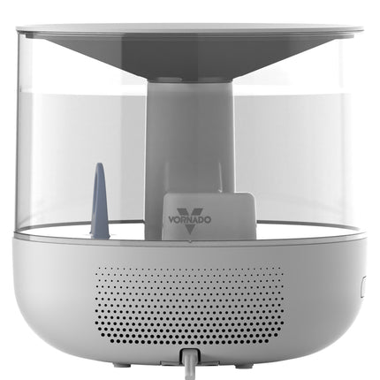 Vornado white humidifier with clear cylindrical top on a white background