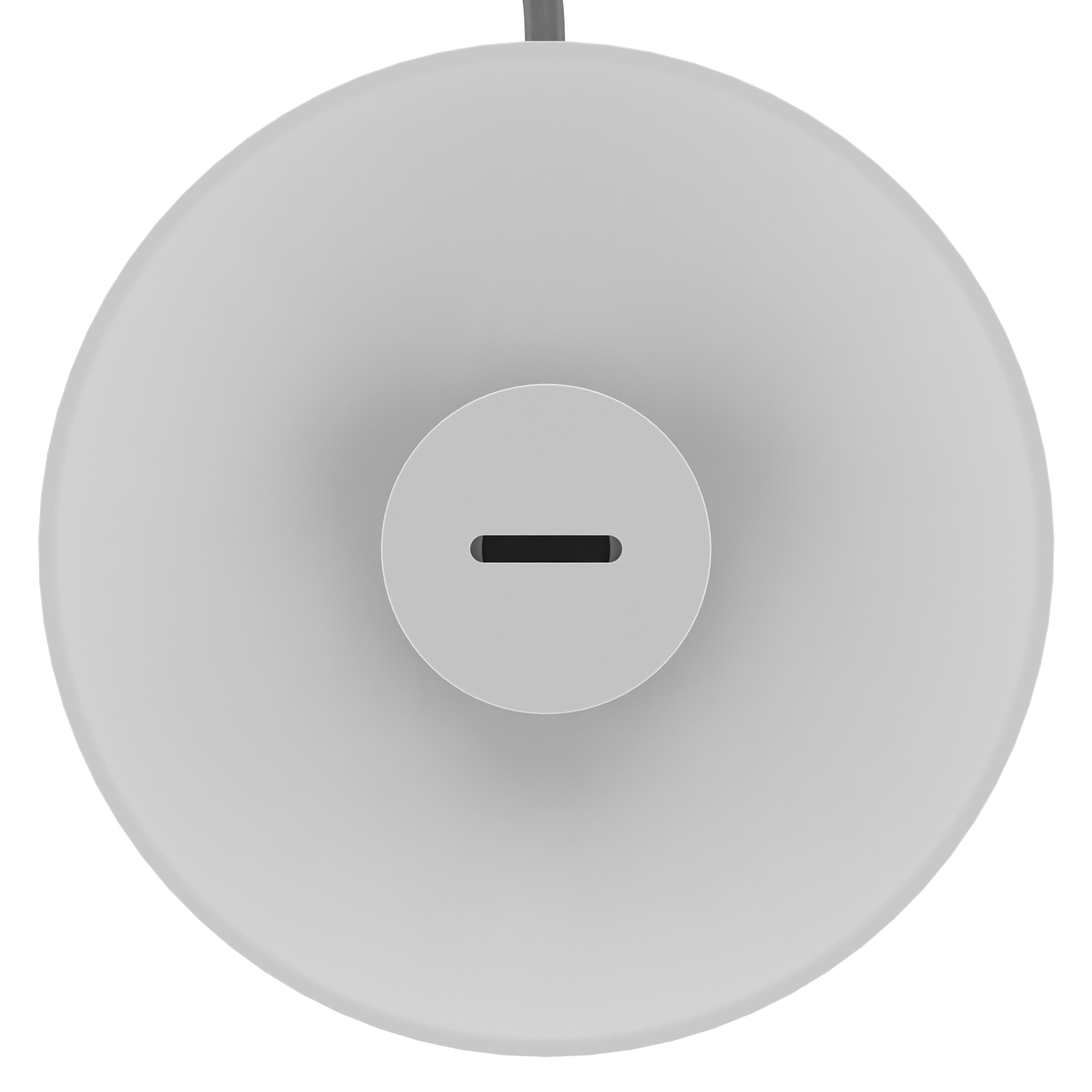Round white object with a central cutout on a white background