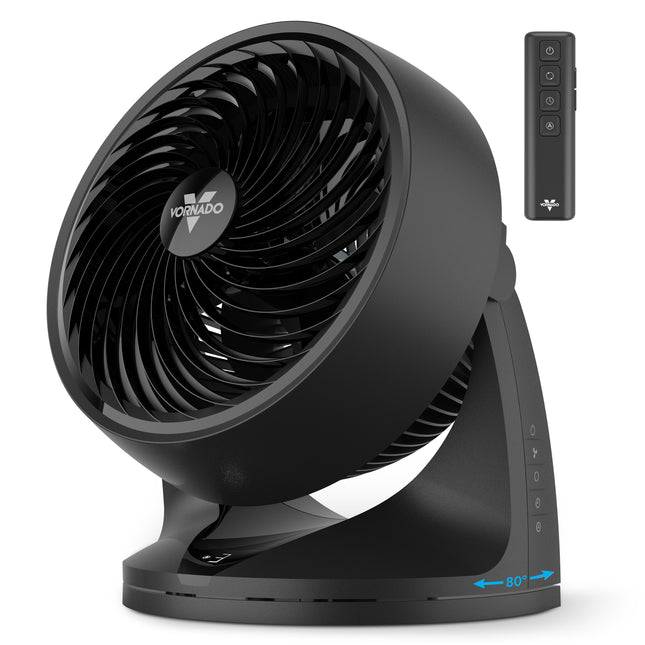 Black Vornado fan with remote control on a white background