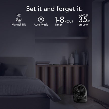 Modern bedroom with a fan and control panel displaying features.