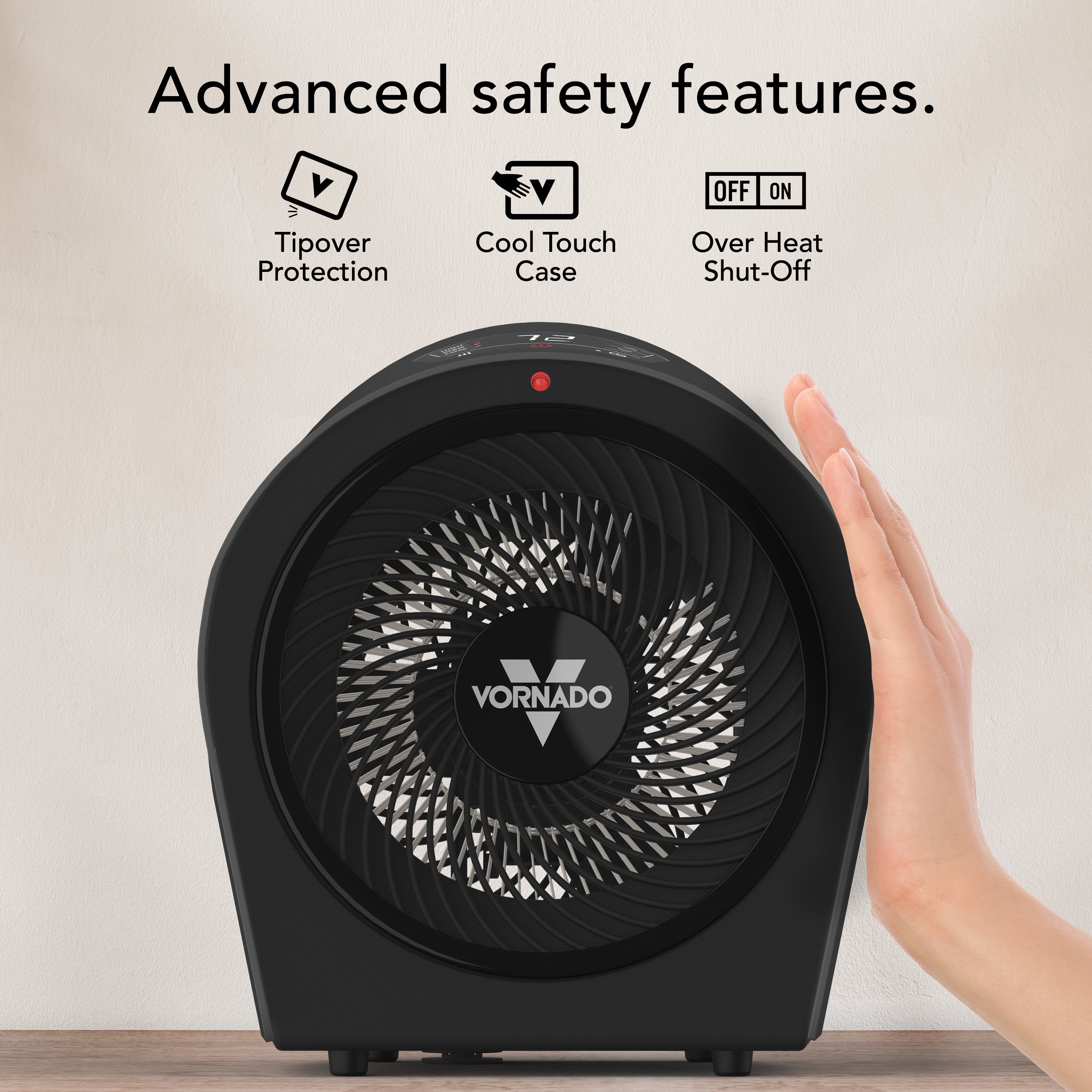 Black Vornado heater with safety features highlighted on a light background
