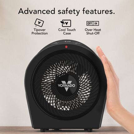 Black Vornado heater with safety features highlighted on a light background