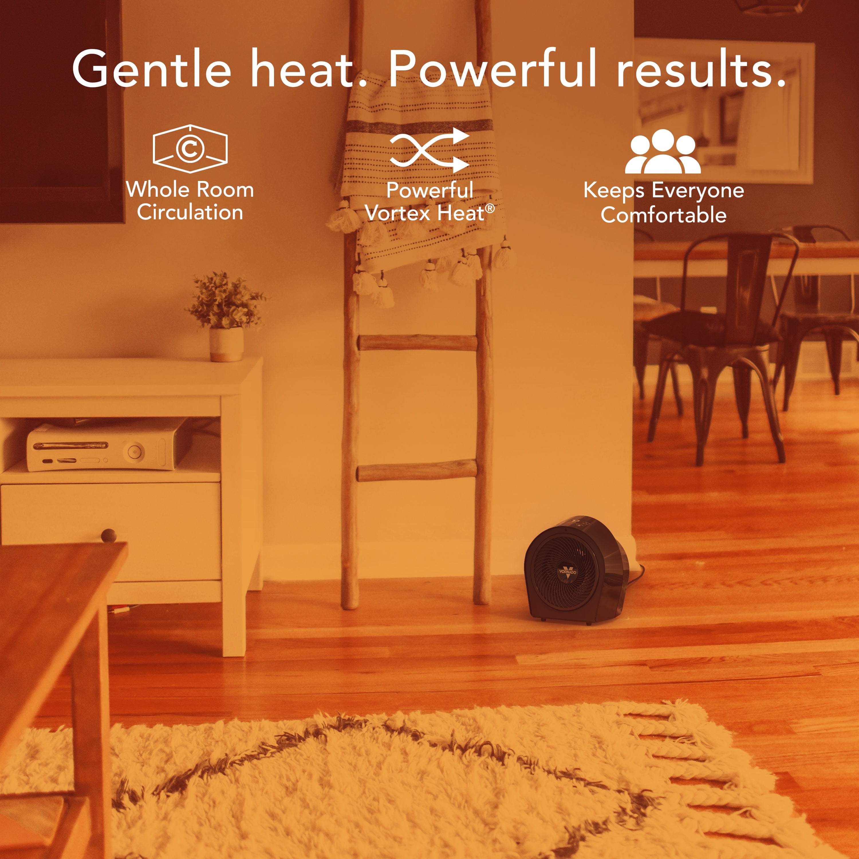 Living room with a floor-standing heater, featuring text about its features.