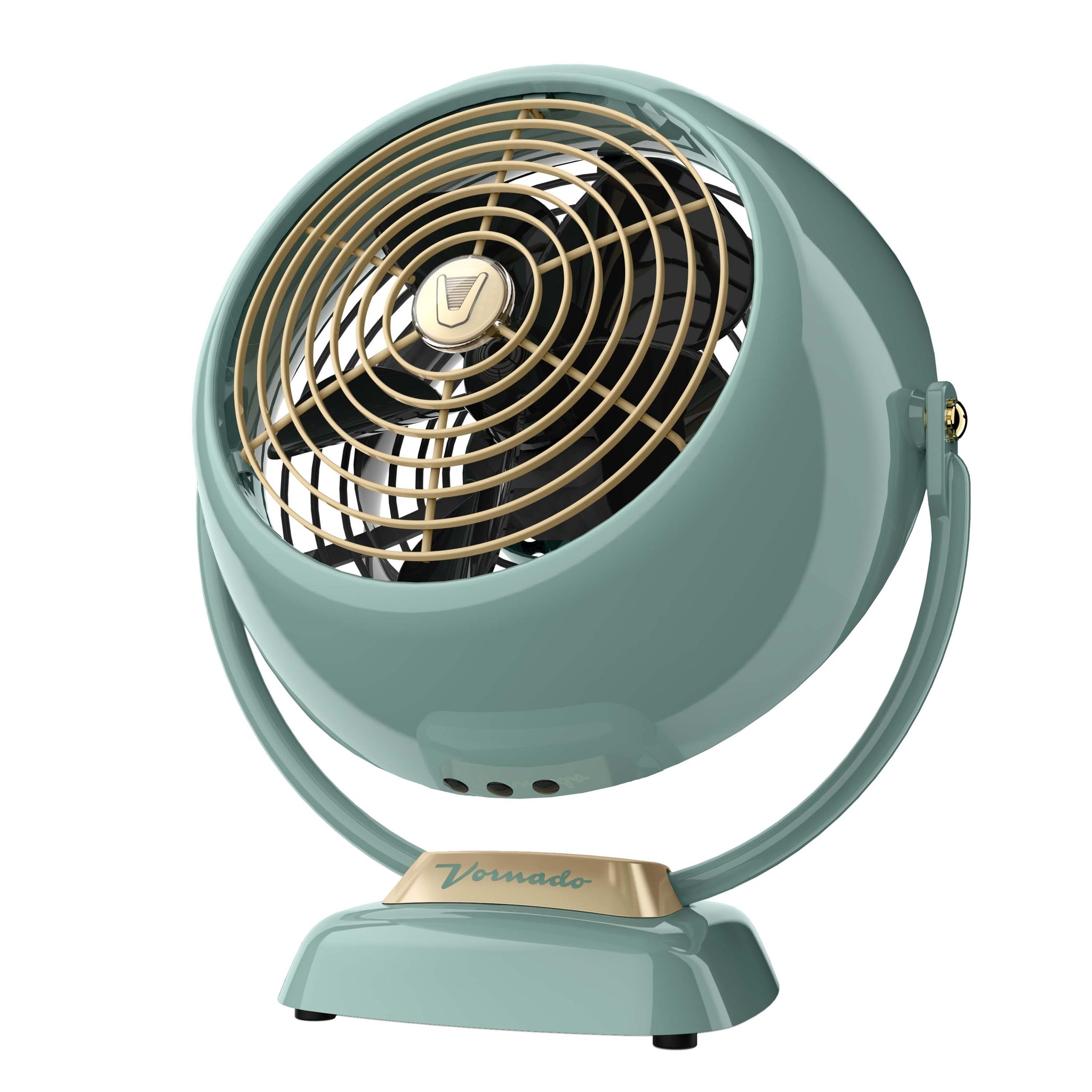 Vintage-style fan with teal body and gold accents on a white background