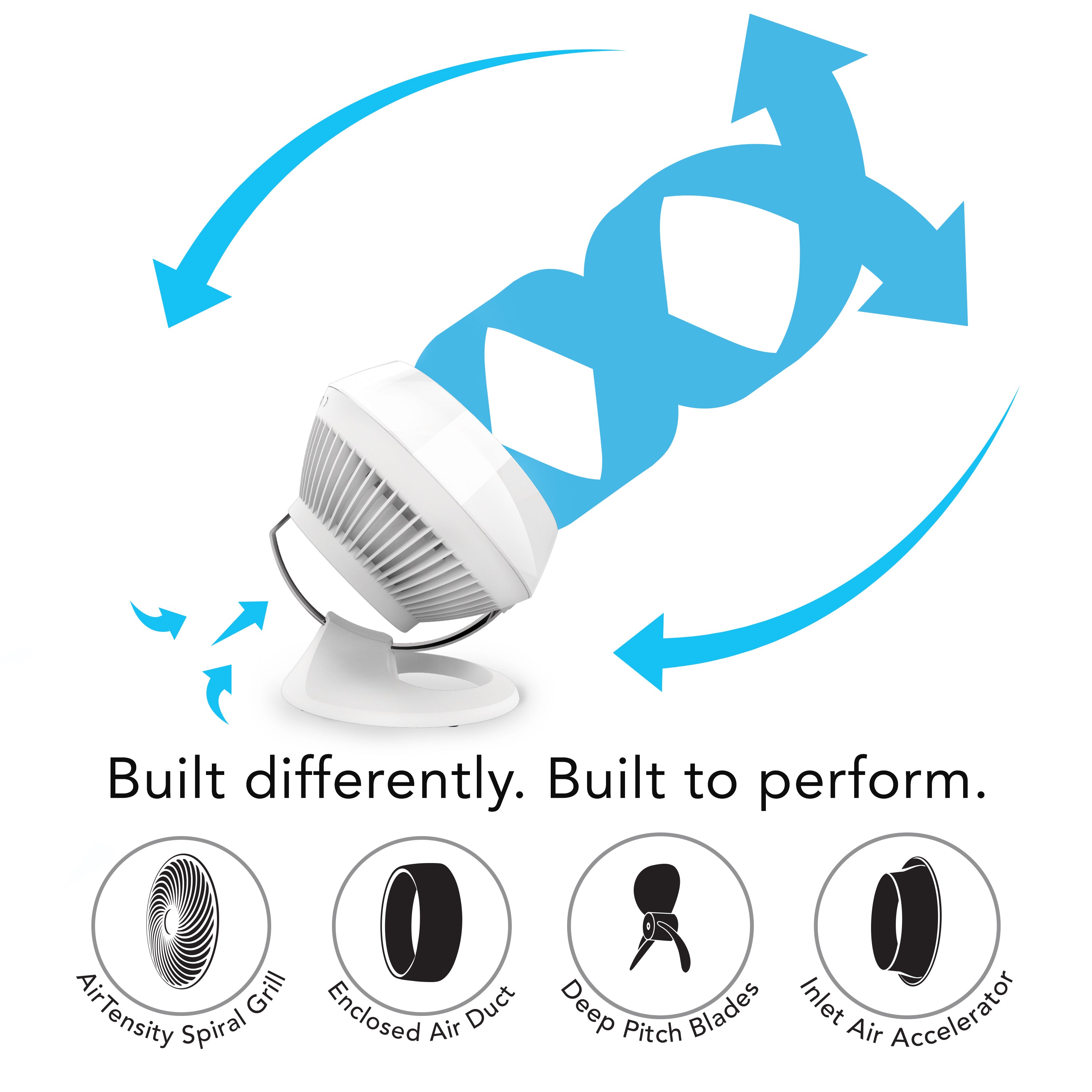 White fan with blue arrows indicating airflow and text 'Built differently. Built to perform.' on a white background.