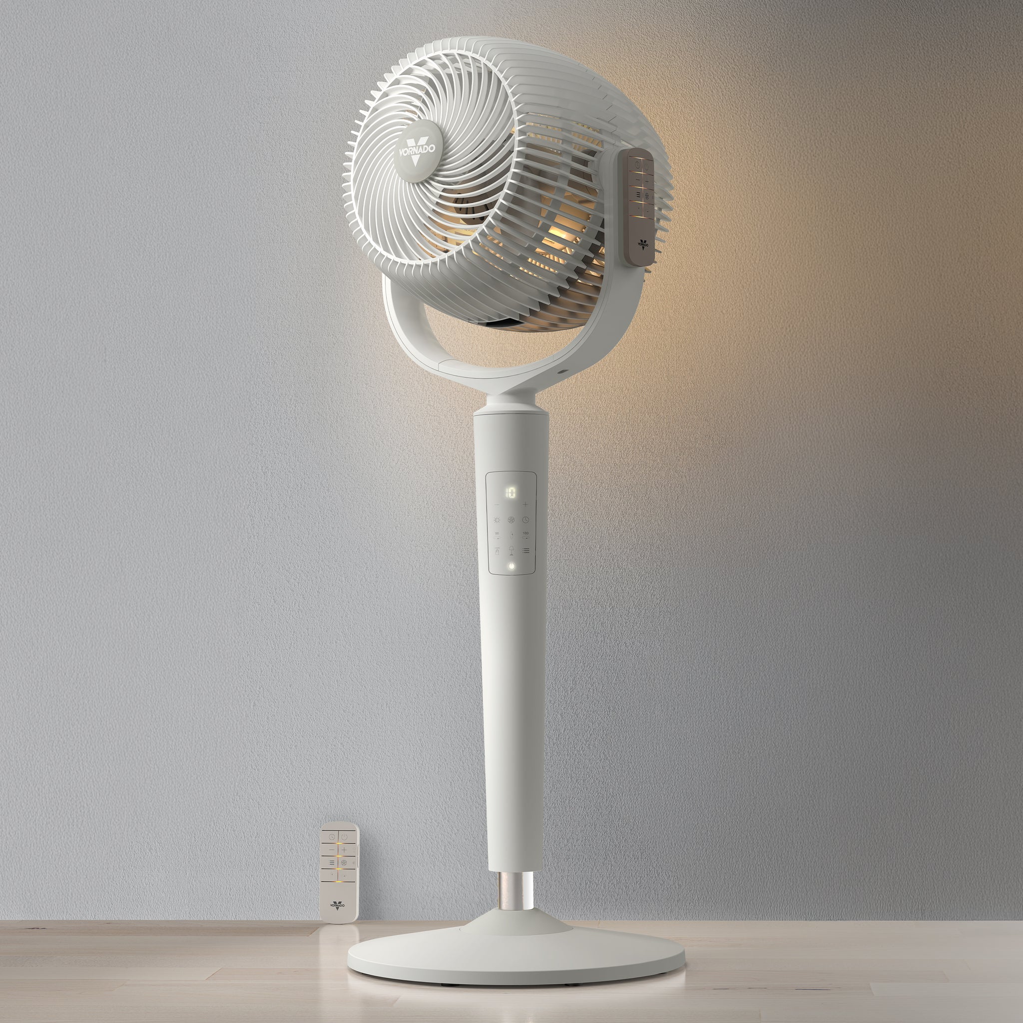 White vornado EOS 9S standing fan on a neutral background