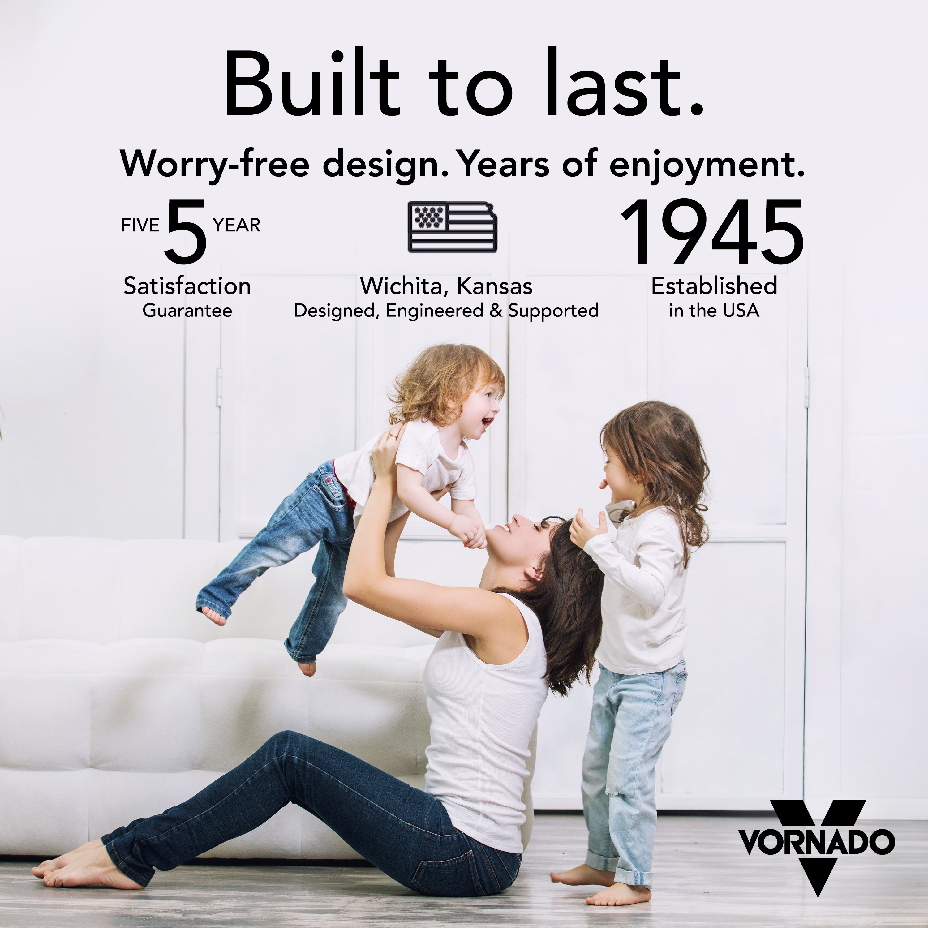 image with a mother and children with a description saying built to last and showing off our warranty.
