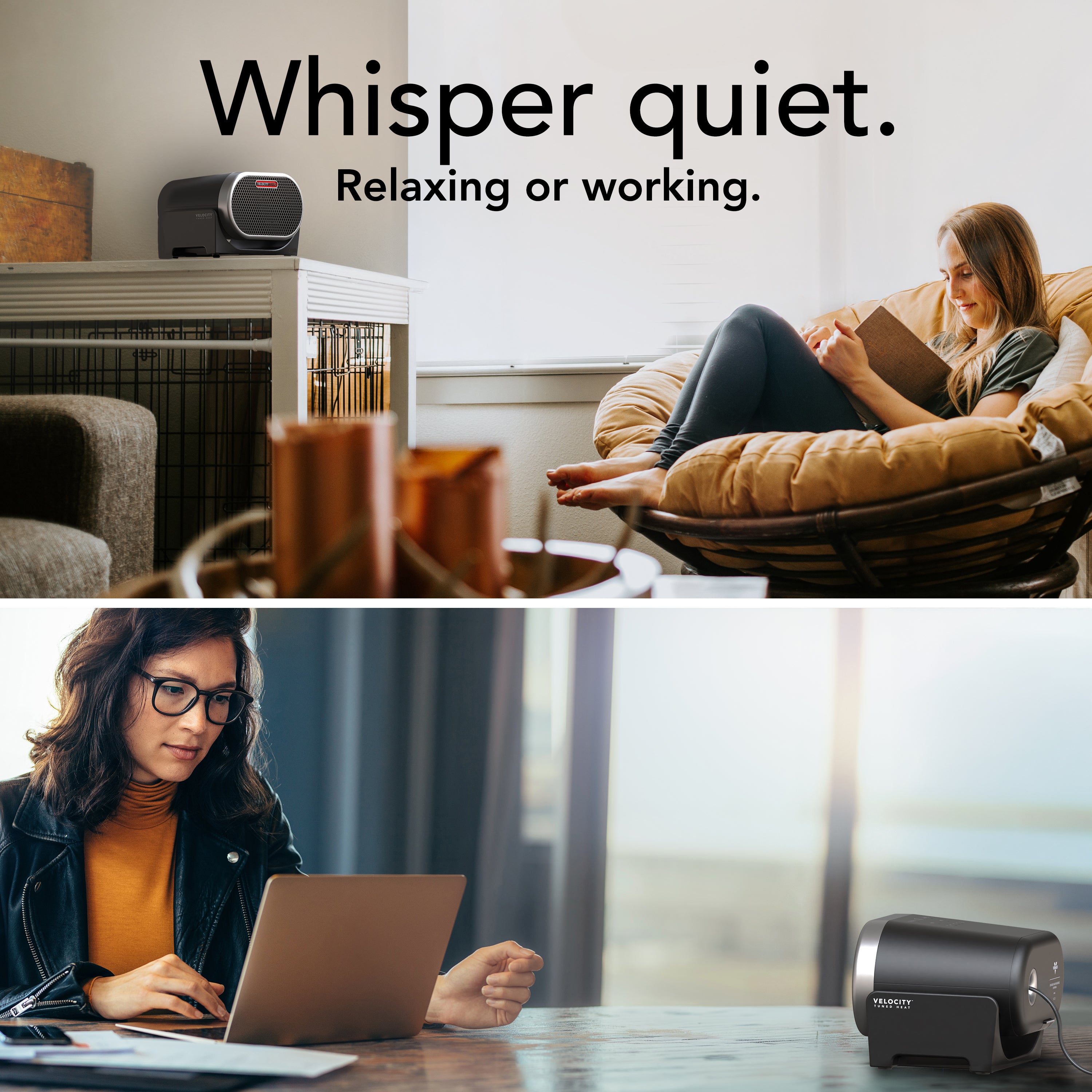 Vornado ceramic heater in a living room and a desk with a description of whisper quiet.