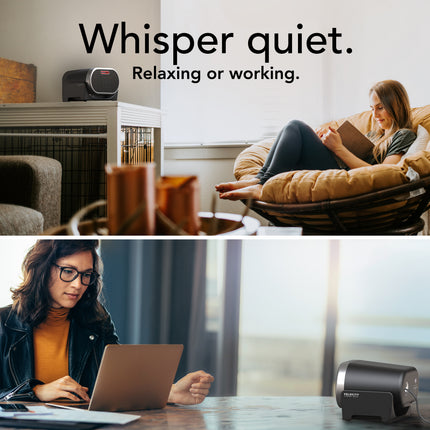 Vornado ceramic heater in a living room and a desk with a description of whisper quiet.