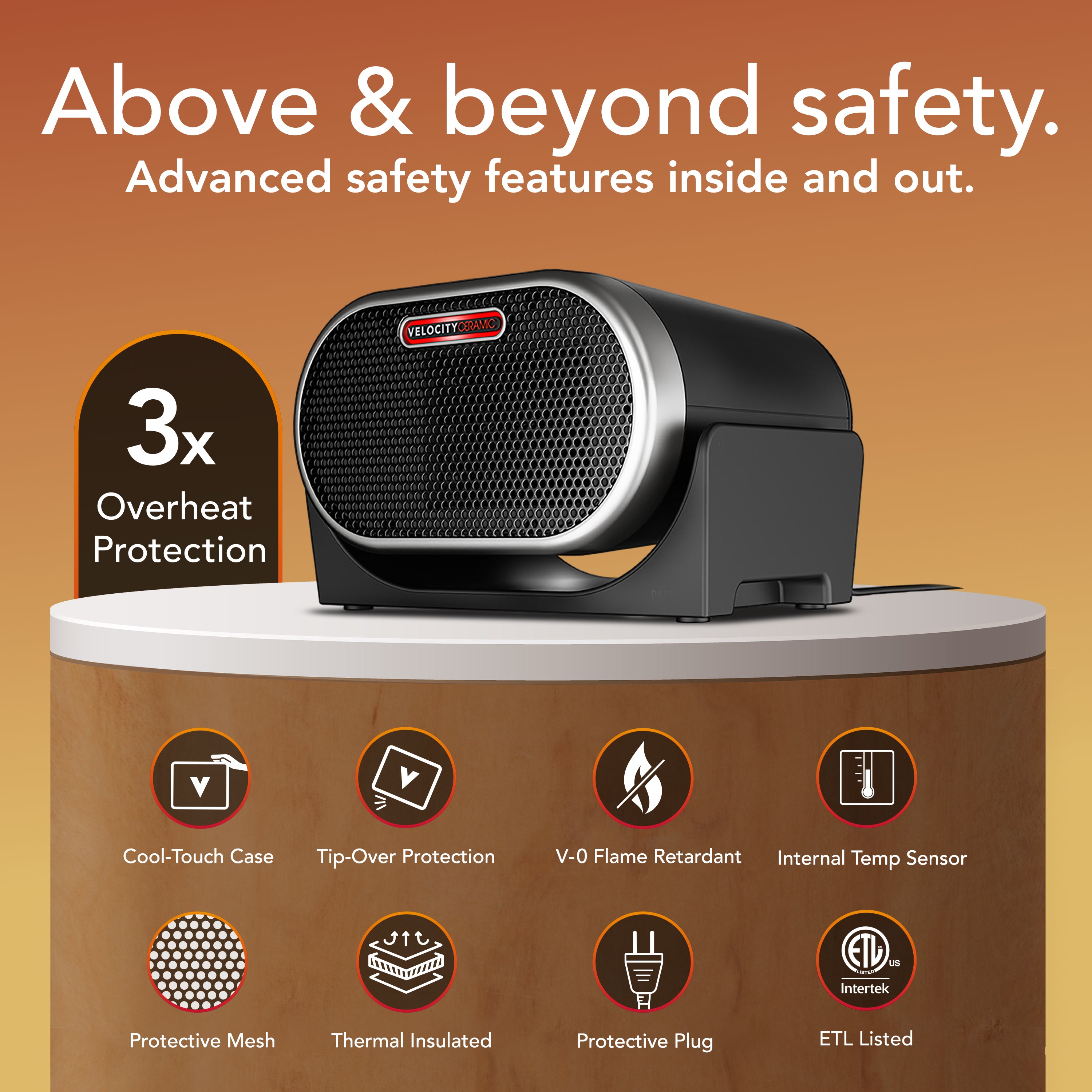 Vornado ceramic heater on a pedestal with the safety features being shown and described.