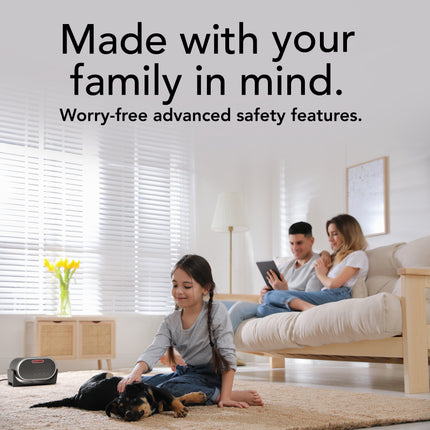 Image with a dog in a living room with a description saying made with your family in mind.