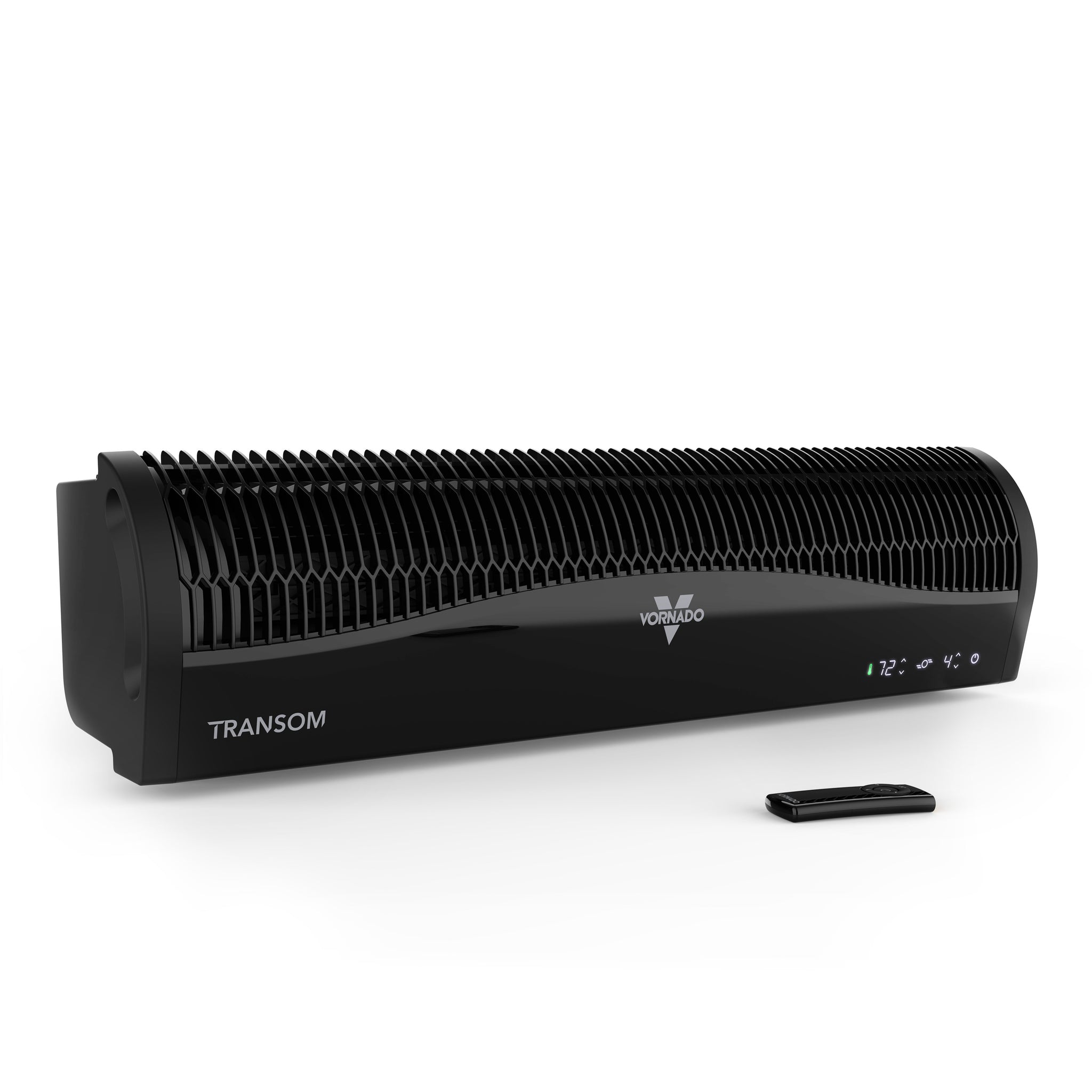 Black window fan with 'Transom' branding on a white background