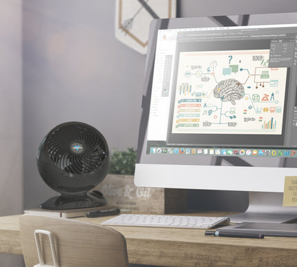 5303 on a wooden desk in front of a plant and nexto to a computer set up with a monitor and keyboard. The walls behind the fan are a light gray color