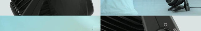 A collage of 630 showing it on the floor and a table. A close up of it's control knob and it's multi-directional airflow are also shown.