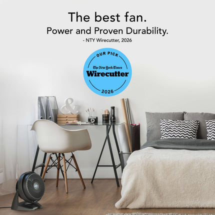Modern bedroom with a fan, desk, and bed, featuring Wirecutter's 2025 award.