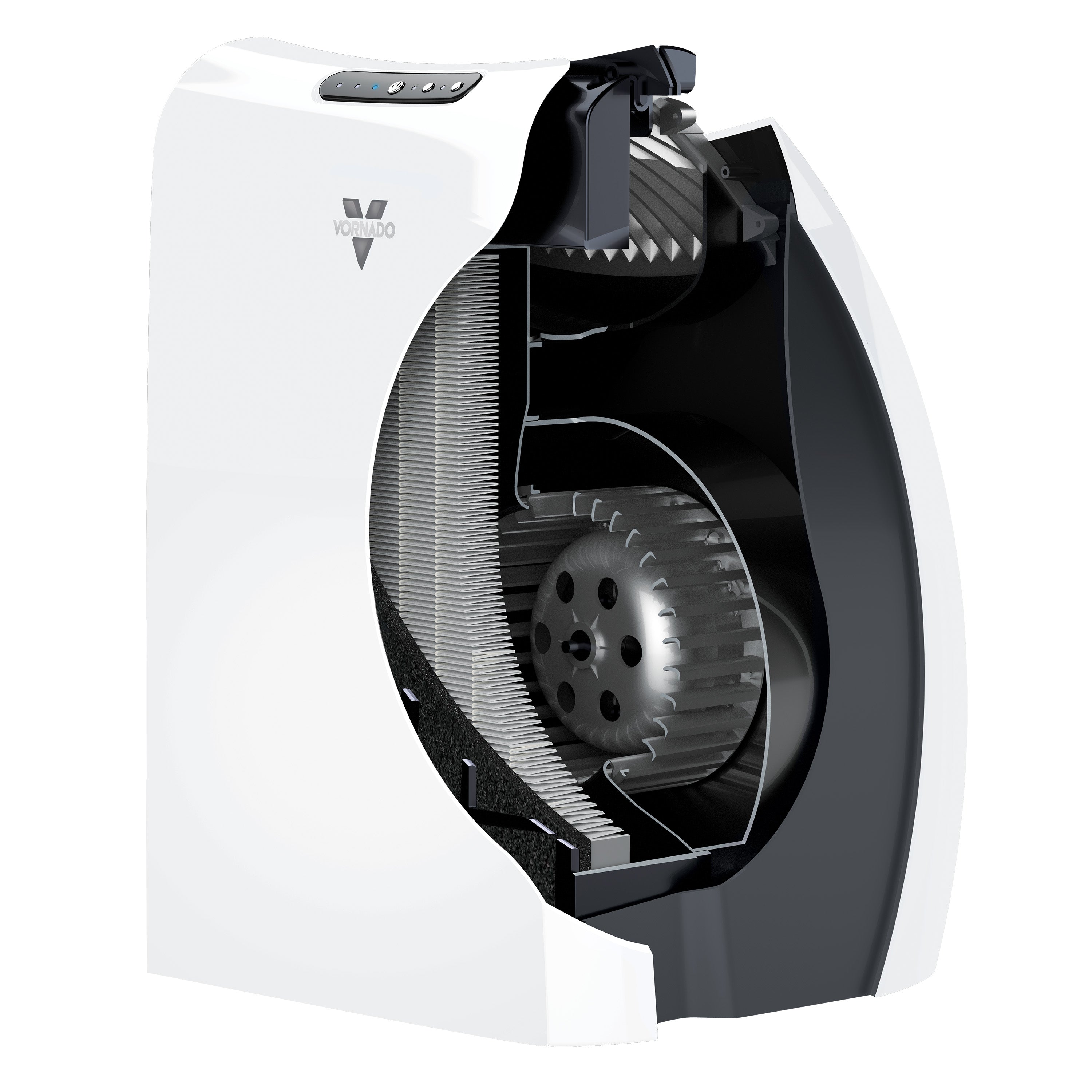 AC350 on a blank background showing internal parts and filters of the air purifier
