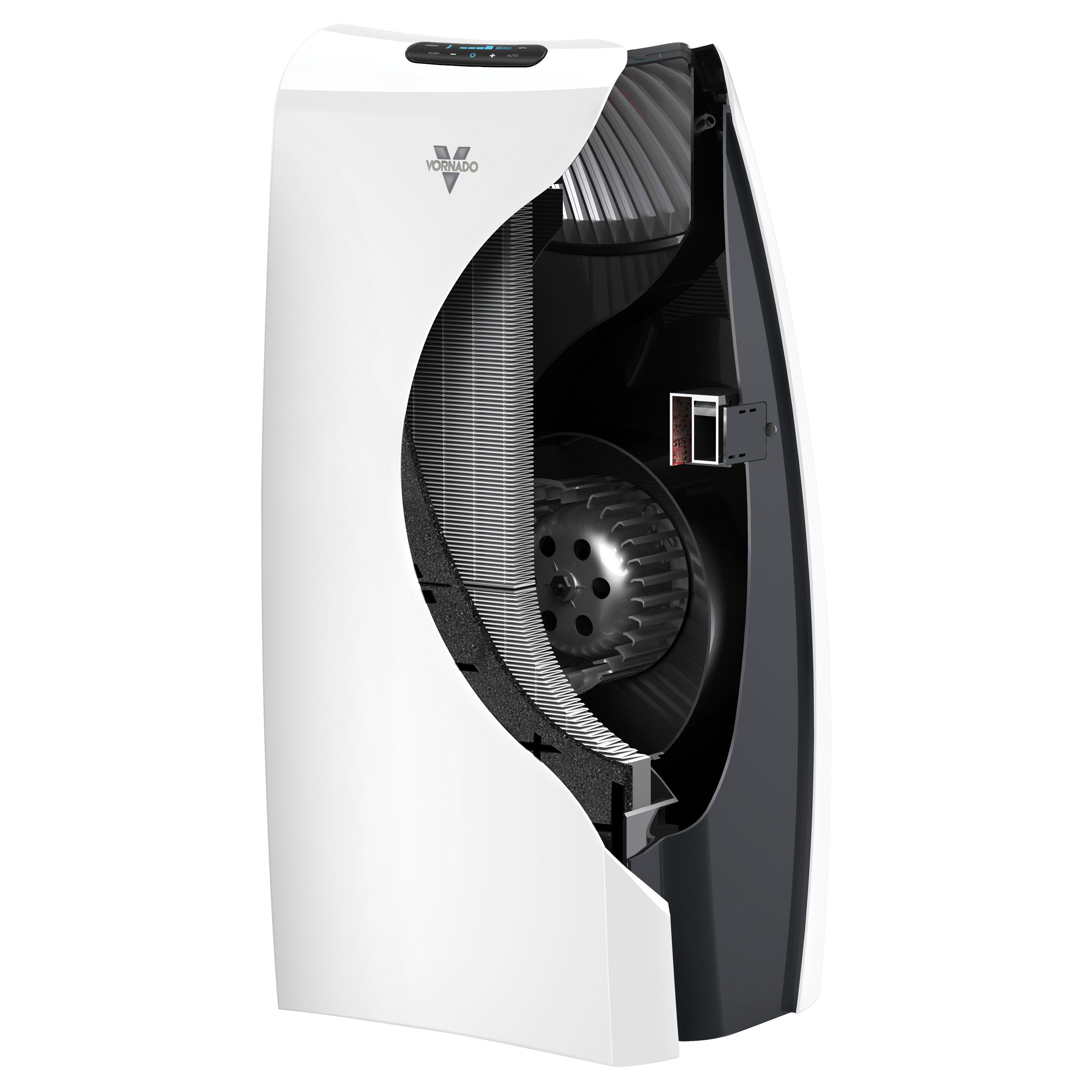 AC550 on a blank background showing internal parts and filters of the air purifier