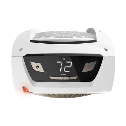 White space heater with digital display on a white background