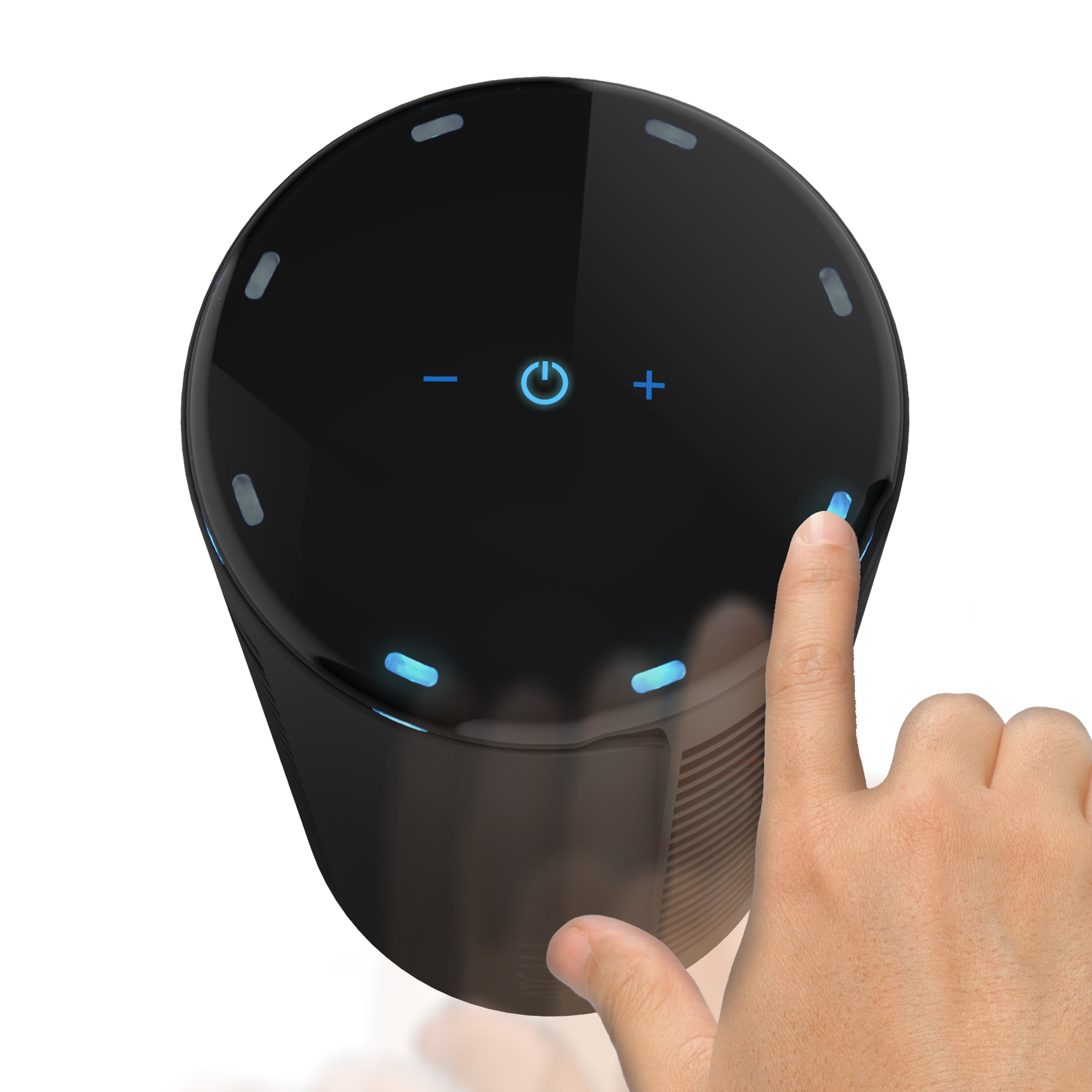 Atom controls with blank background and hand gestures.