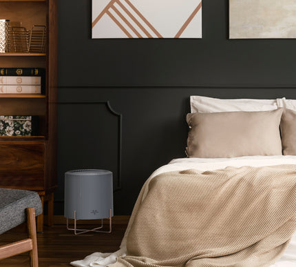 cylo51 air purifier in a bedroom with a dark gray wall accent next to a bed and wood shelf with books and decor