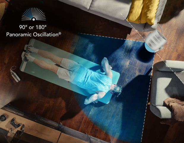 Top view of a man doing push ups on his  living room floor. EOS 9i is to the side with a blue overlay coming out of it, showing the 90° or 180° panoramic oscillation.