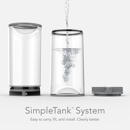 SimpleTank system is easy to carry, fill and install. The graphic shows a tank fully assembled and disassembled, with water being poured into the tank
