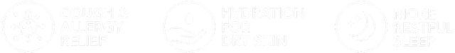 Trio of white text icons explaining that EV3 helps with cough and allergy relief, hydration for dry skin, and can help provide a more restful sleep.
