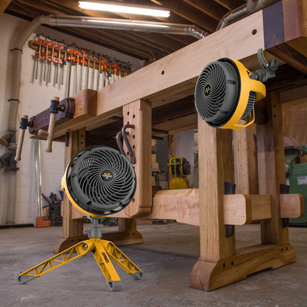 EXO5 in garage environment one with clip and one on tripod stand.