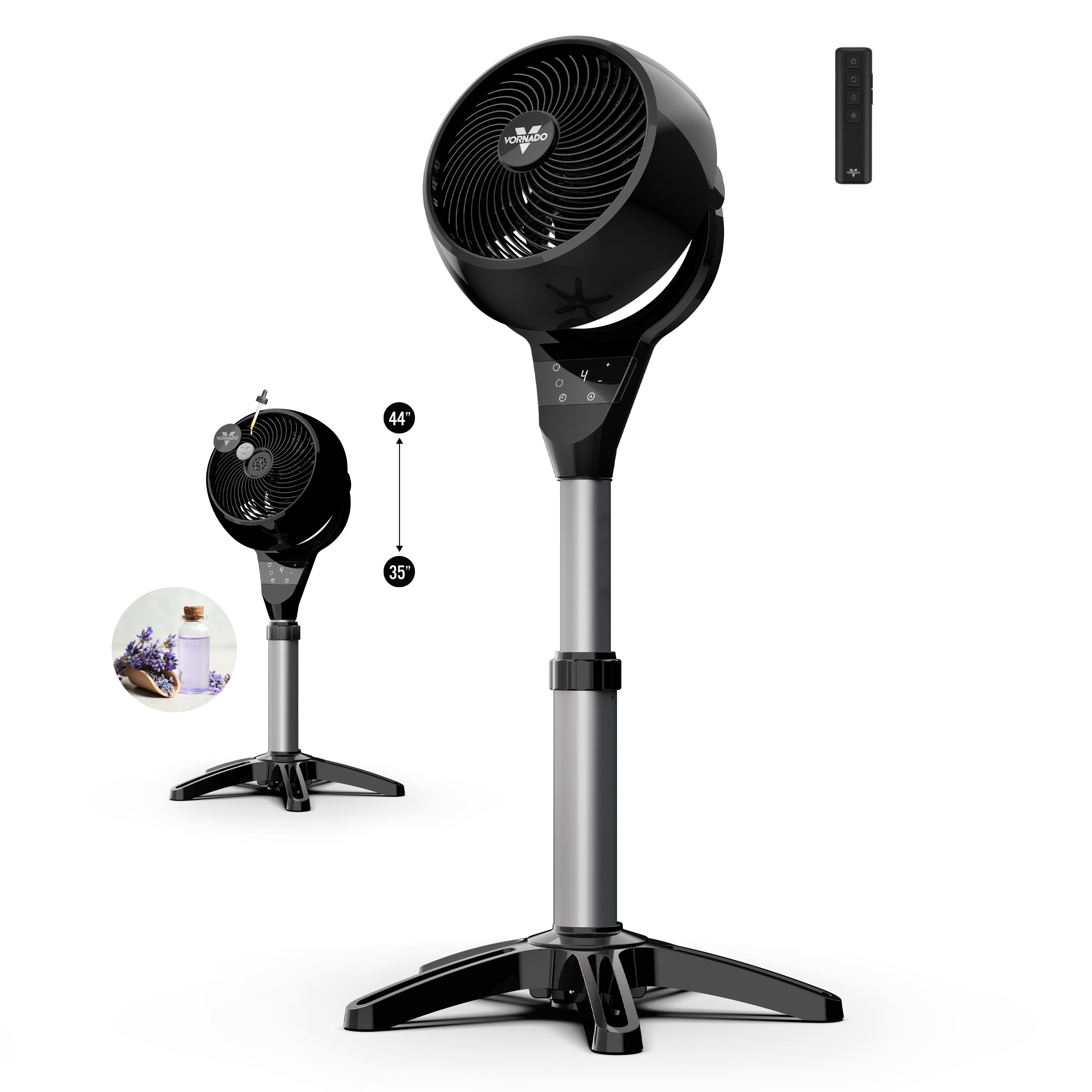Vornado oscillating pedestal fan in black with adjustable 35–44 inch height, remote control, and optional aroma diffuser attachment.