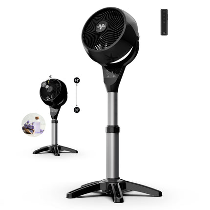 Vornado oscillating pedestal fan in black with adjustable 35–44 inch height, remote control, and optional aroma diffuser attachment.
