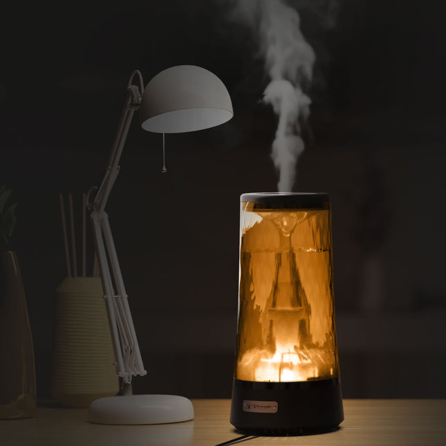 lucerna 1 in a dark room humidifying next to a lamp and other home decor