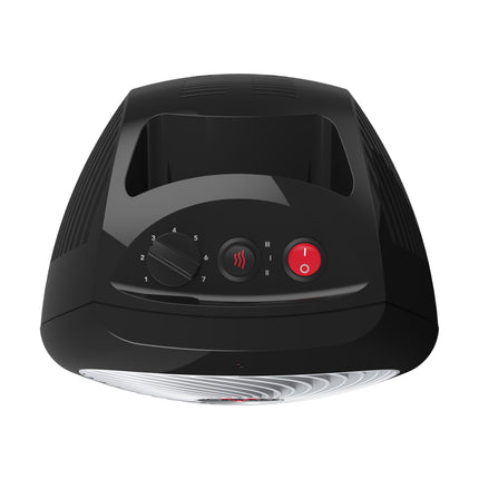 Black space heater with control buttons on a white background