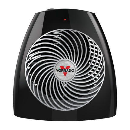 Black Vornado heater with circular design on a white background
