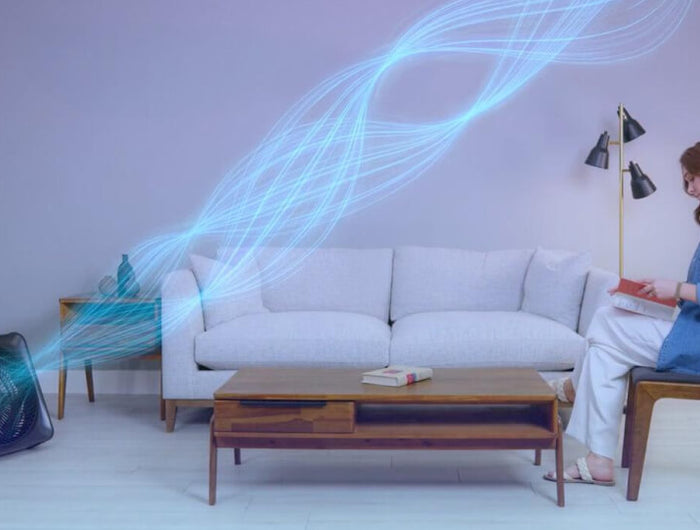 Woman sitting while Model 80X is blowing out cool air