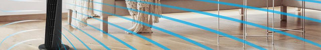 An image showing the OSC73's tower fan's V flow. OSC73 is in a living room near a cream couch with matching pillows and a white knitted throw blanket. There are white and blue waves along with a dotted curved line that says 70 degrees to show the flow of the oscillation.