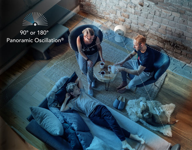 Top view of family relaxing in their living room. Omnio 7 is on the floor with a blue overlay coming out of it, showing the 90° or 180° panoramic oscillation.