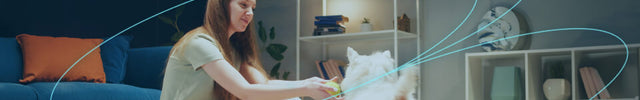 Girl sitting on floor playing with dog with Omnio 7 to her side. Blue arrows are coming out of the circulator, indicating whole room circulation.
