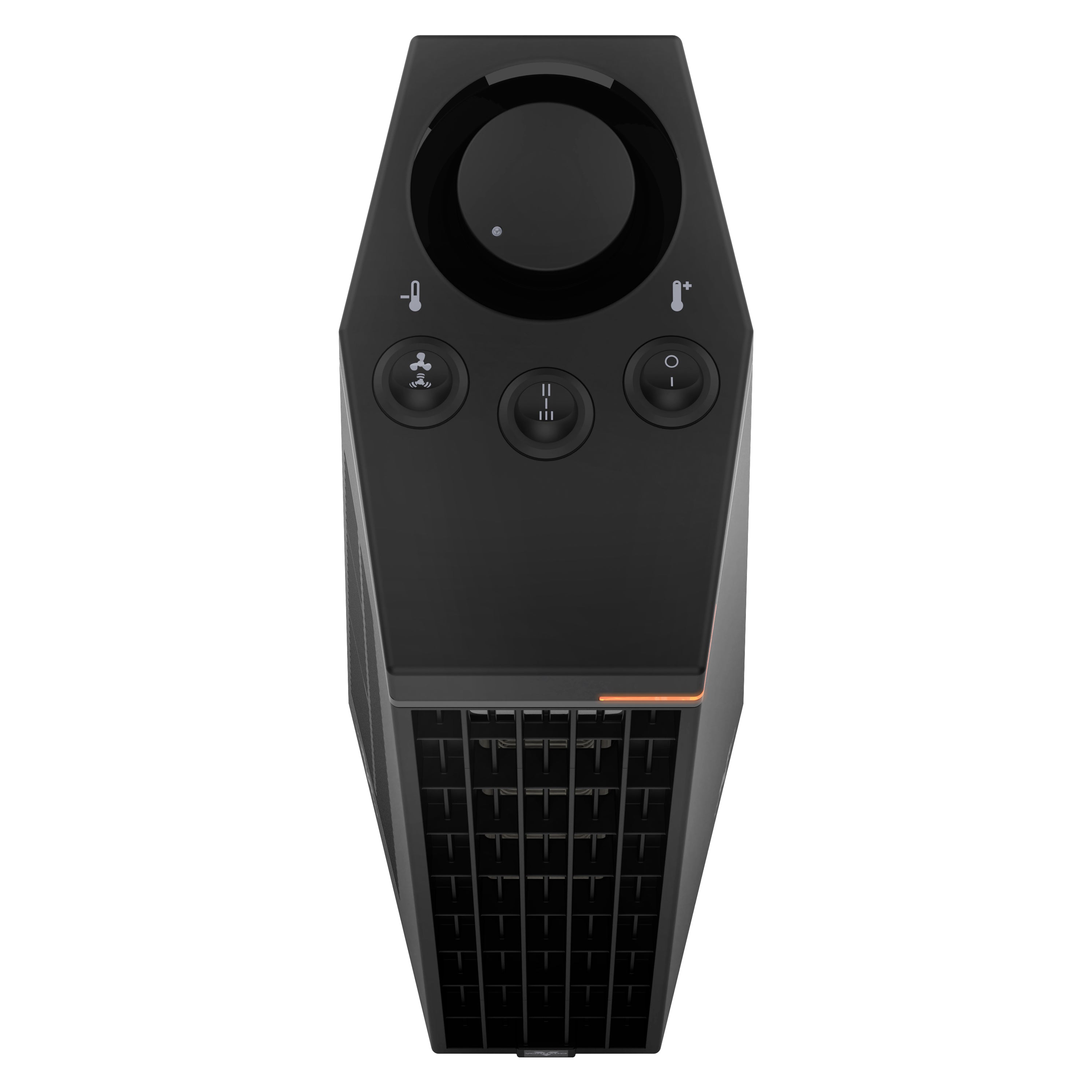 Black space heater with control buttons on a white background