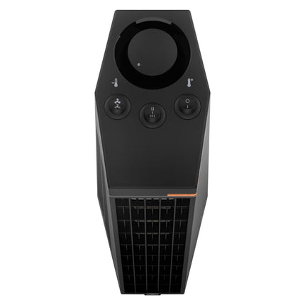 Black space heater with control buttons on a white background