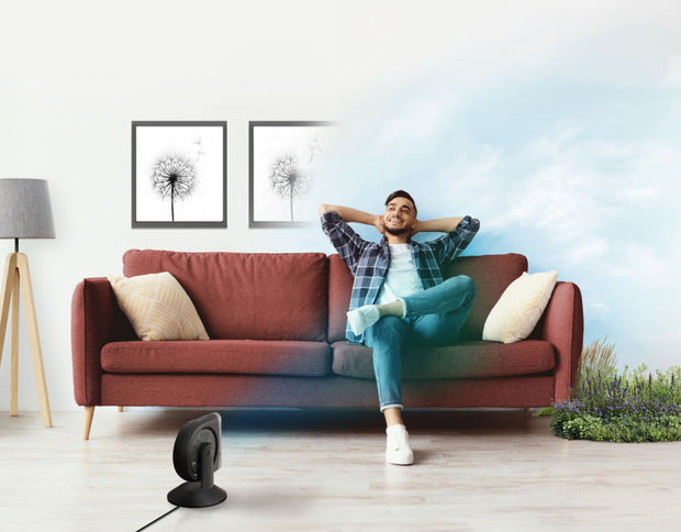 A man is sitting on a couch with Strata 8 Omni in front of him. To the left of him, a blue sky is on the wall and wild flowers are on the floor to indicate breeze mode.
