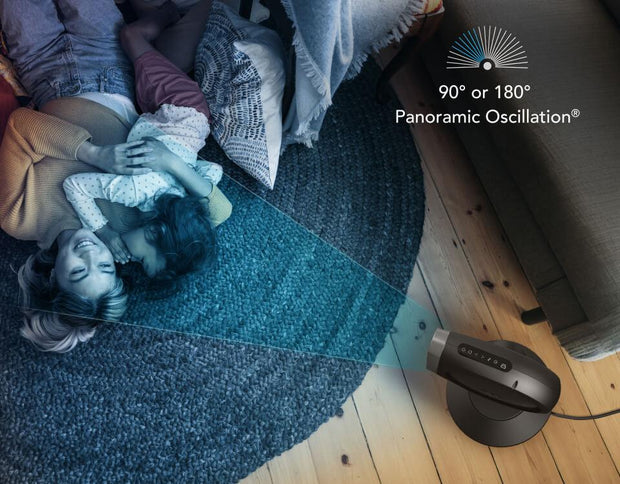 Top view of a mother and child playing on a living room floor.  Strata 8 Omni is to the side with a blue overlay coming out of it, showing the 90° or 180° panoramic oscillation.