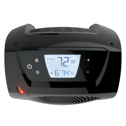 Black space heater with digital display on a white background