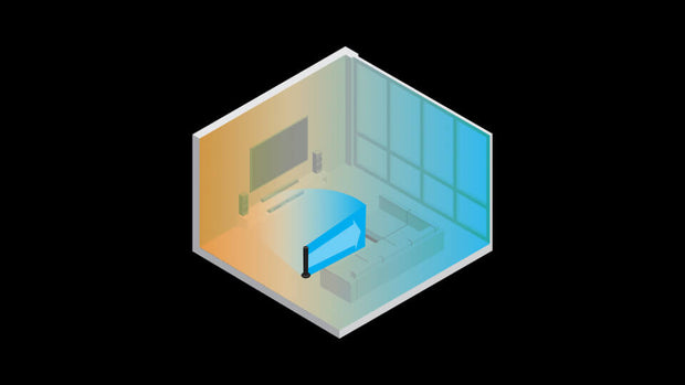 Graphic showing a black Vornado tower fan oscillation with a orange-blue gradient in the room