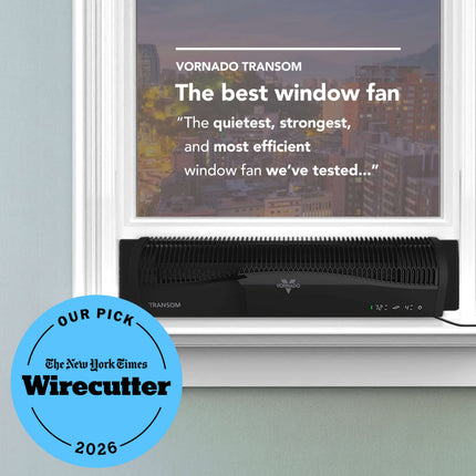 Window fan with text about the best window fans and a Wirecutter badge on a dark background