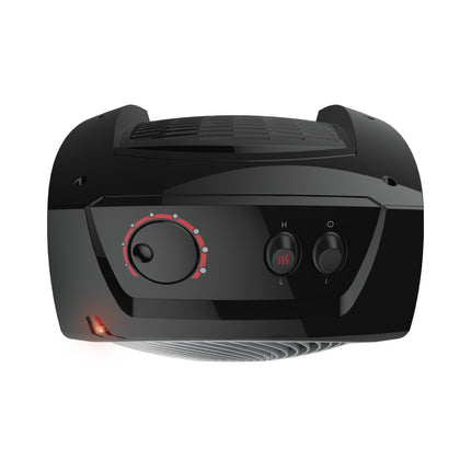 Black portable space heater with control knobs on a white background