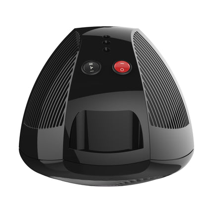 Black electronic space heater with two buttons on a white background