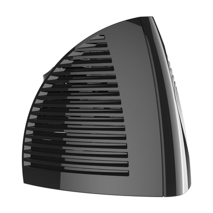 Black electronic space heater side view on a white background