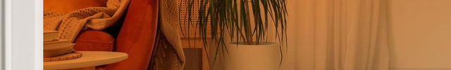 Part of a living room seen through an open door with an orange gradient to show whole room heat circulation. VH240 is on the floor near a couch.