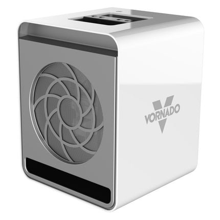 White and gray space heater with Vornado logo on a white background
