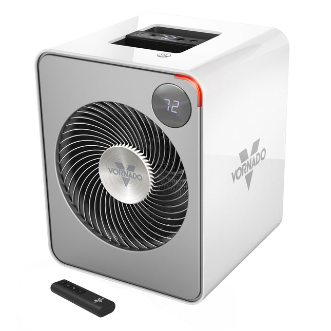 Vornado space heater with digital display and remote control on a white background